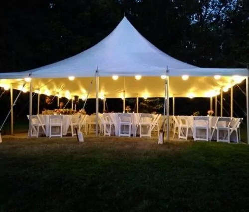 Large high peak tent with string lights - Jumptastic tent rentals